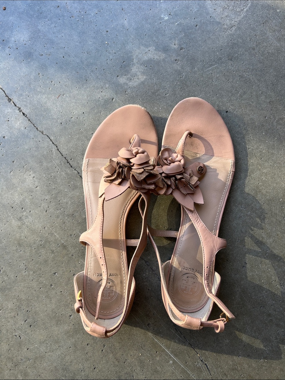 Tory Burch Nude Blush Floral Leather T-Strap Sandals